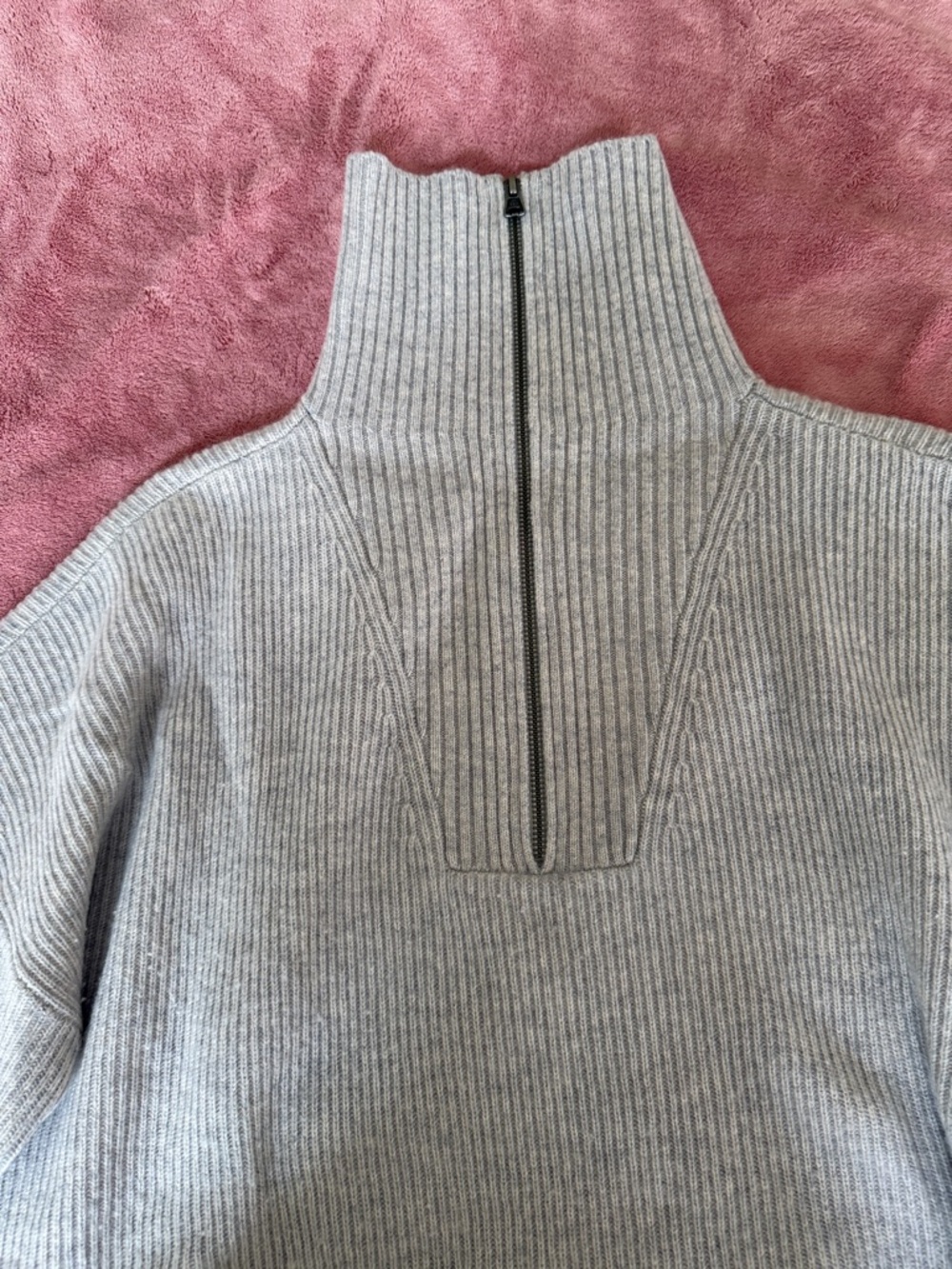 Garnet Hill Cashmere Light Gray Ribbed Half-Zip Pullover - Picture 7 of 7